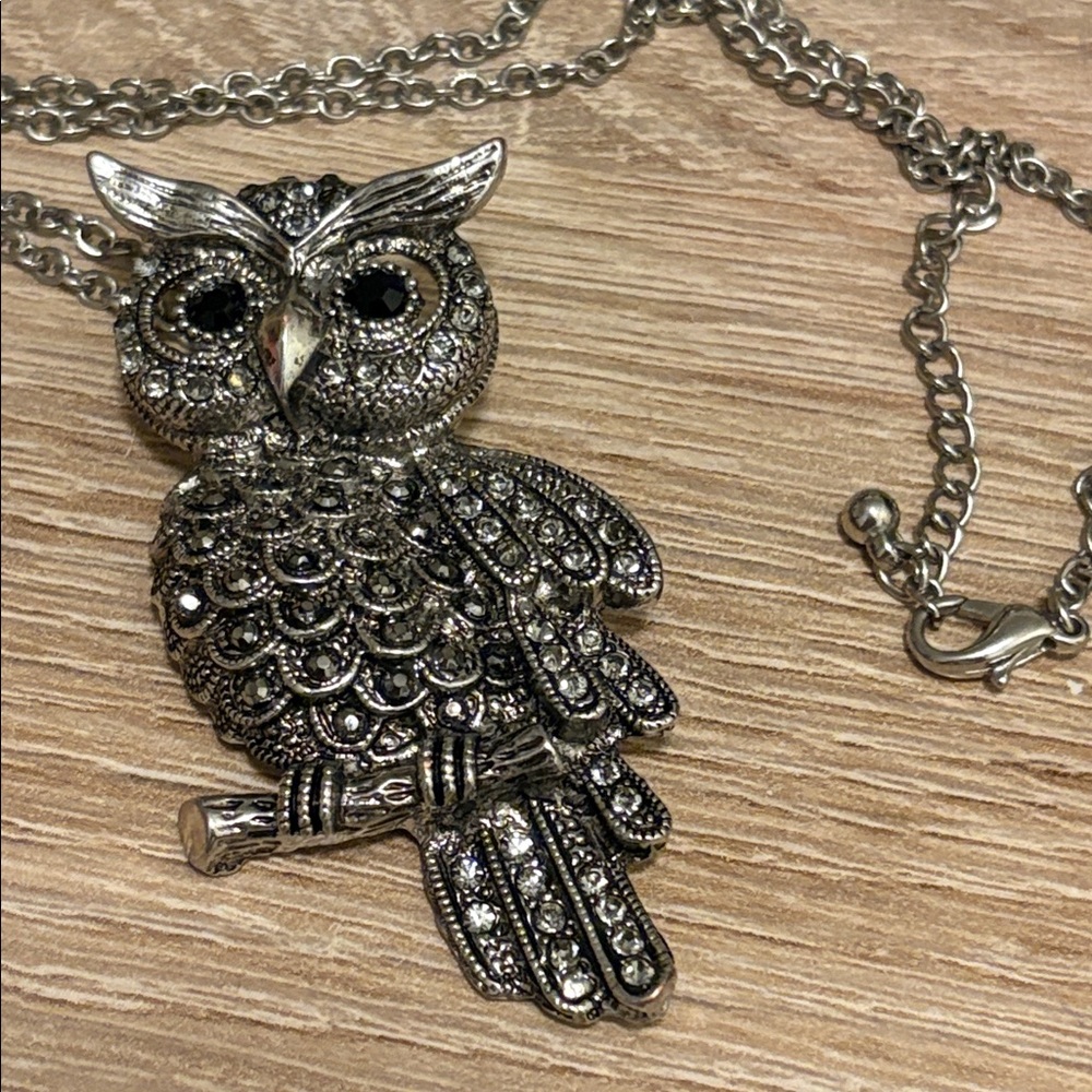 Marcasite encrusted horned owl necklace, silver tone